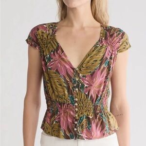 Madewell Suzy Tropical Print Linen Blend Top, medium
